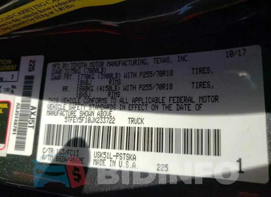 5TFEY5F10JX233722 Photo# 10