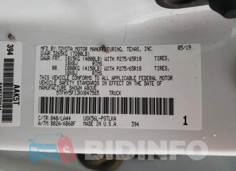 5TFHY5F13KX847565 Photo# 10