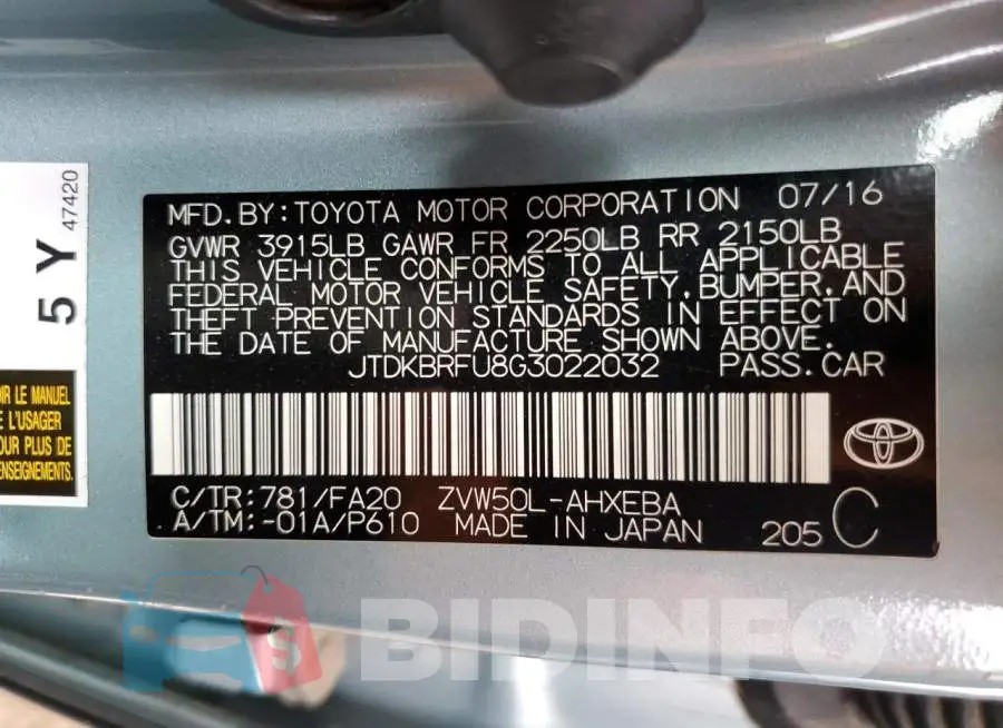 JTDKBRFU8G3022032 Photo# 10