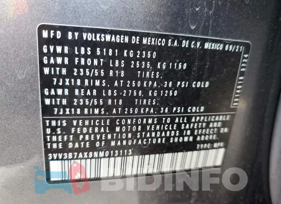 3VV3B7AX8NM013113 Photo# 10