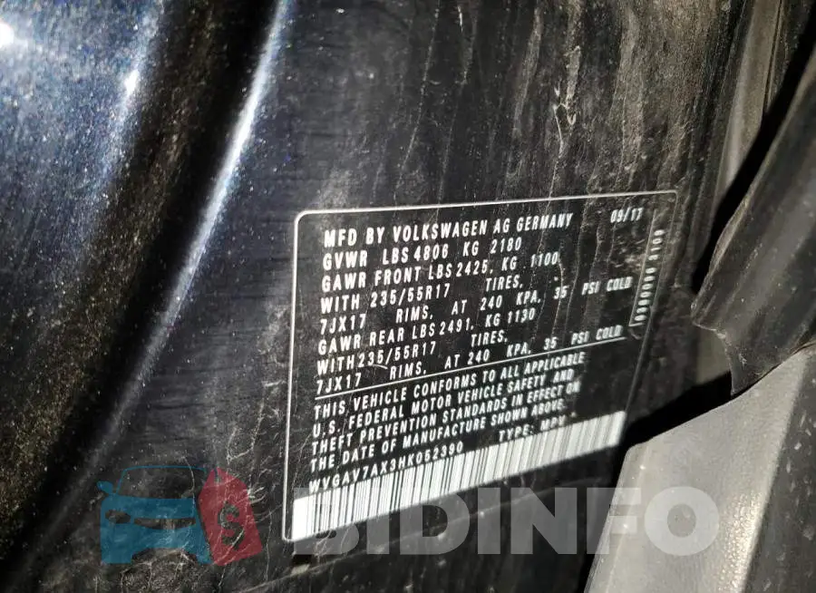 WVGAV7AX3HK052390 Photo# 10