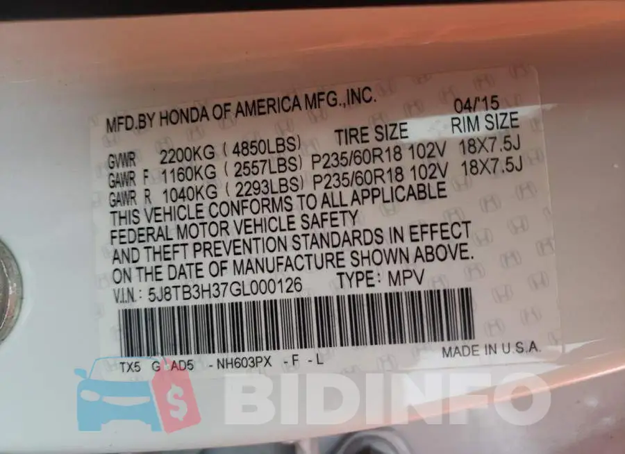 5J8TB3H37GL000126 Photo# 10