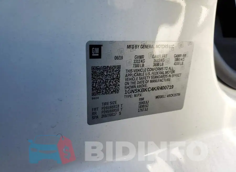 1GNSKBKC4KR400719 Photo# 10