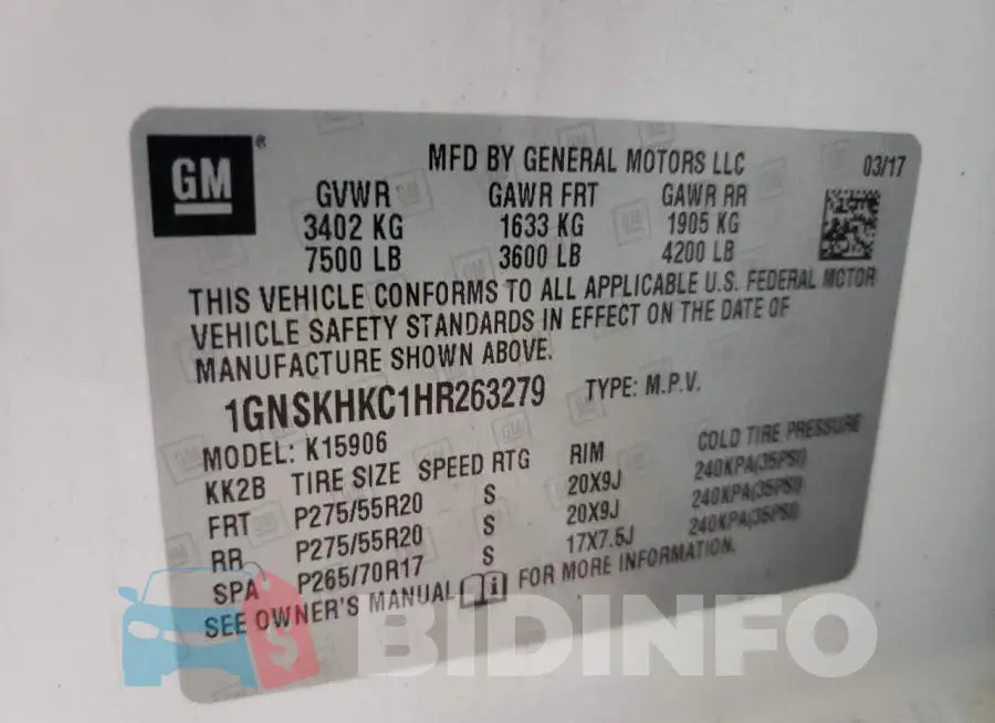 1GNSKHKC1HR263279 Photo# 10