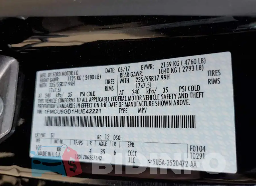1FMCU9GD1HUE42221 Photo# 10