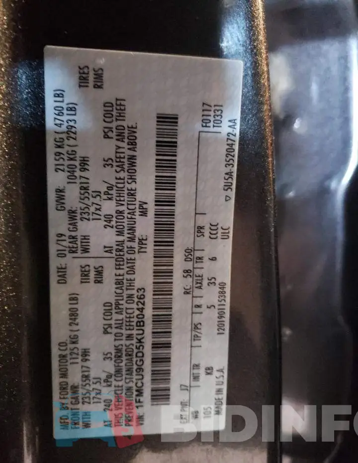 1FMCU9GD5KUB04263 Photo# 10