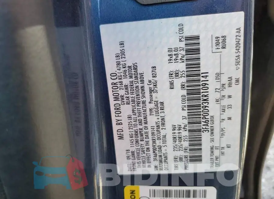 3FA6P0D93KR109141 Photo# 2