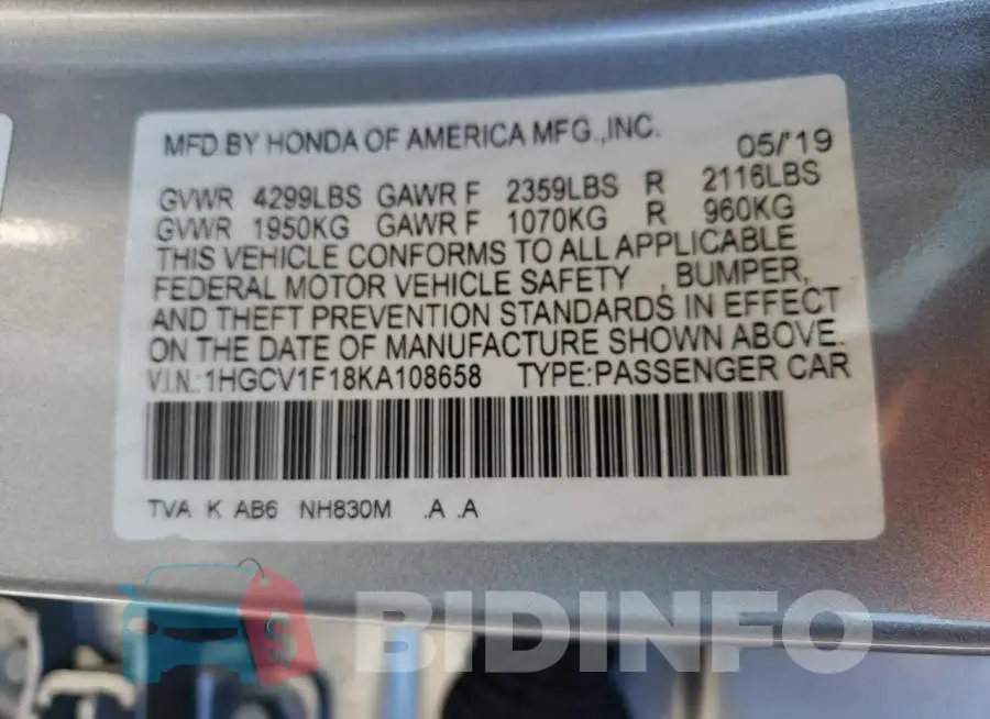 1HGCV1F18KA108658 Photo# 10