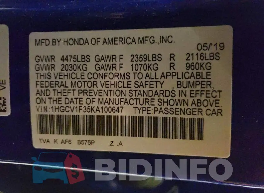 1HGCV1F35KA100647 Photo# 10