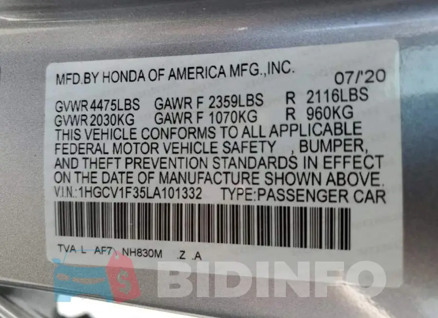 1HGCV1F35LA101332 Photo# 10