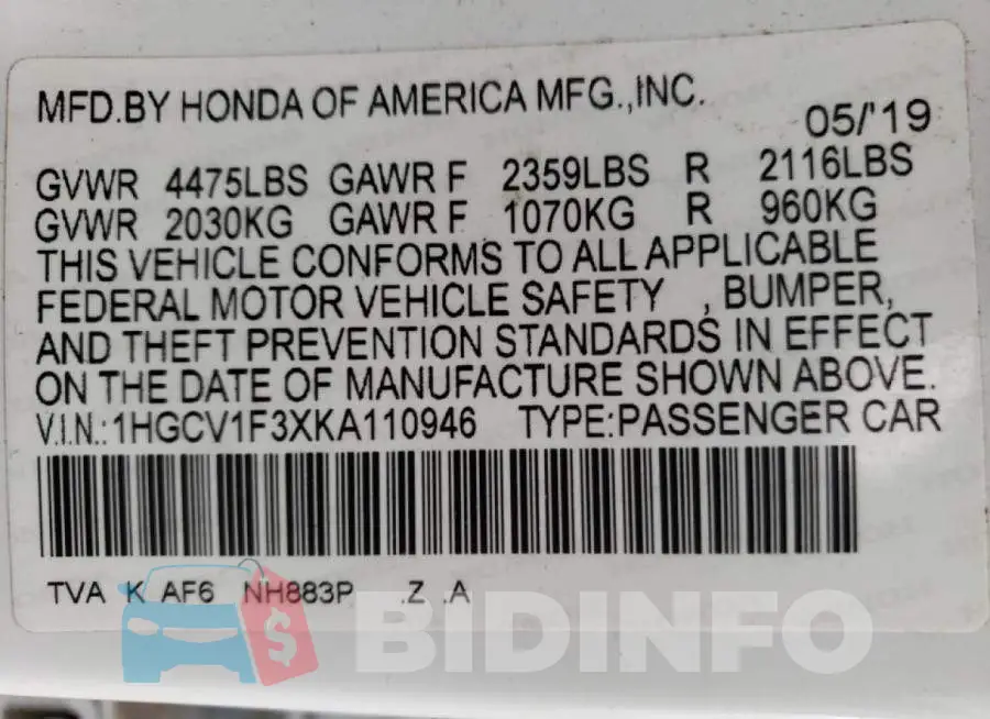 1HGCV1F3XKA110946 Photo# 10