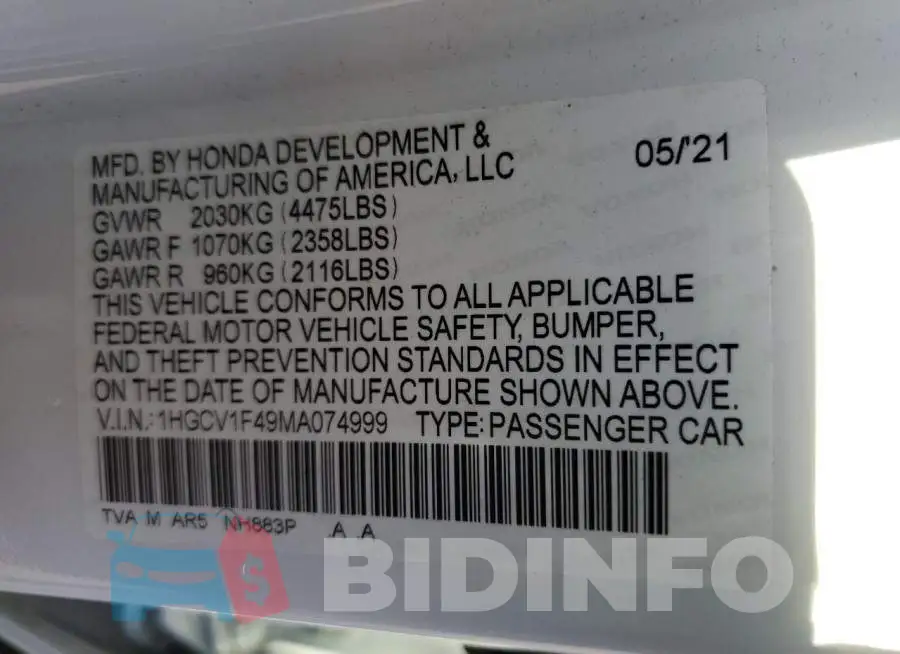 1HGCV1F49MA074999 Photo# 10
