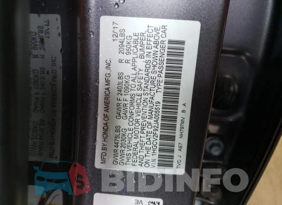 1HGCV2F92JA005519 Photo# 10