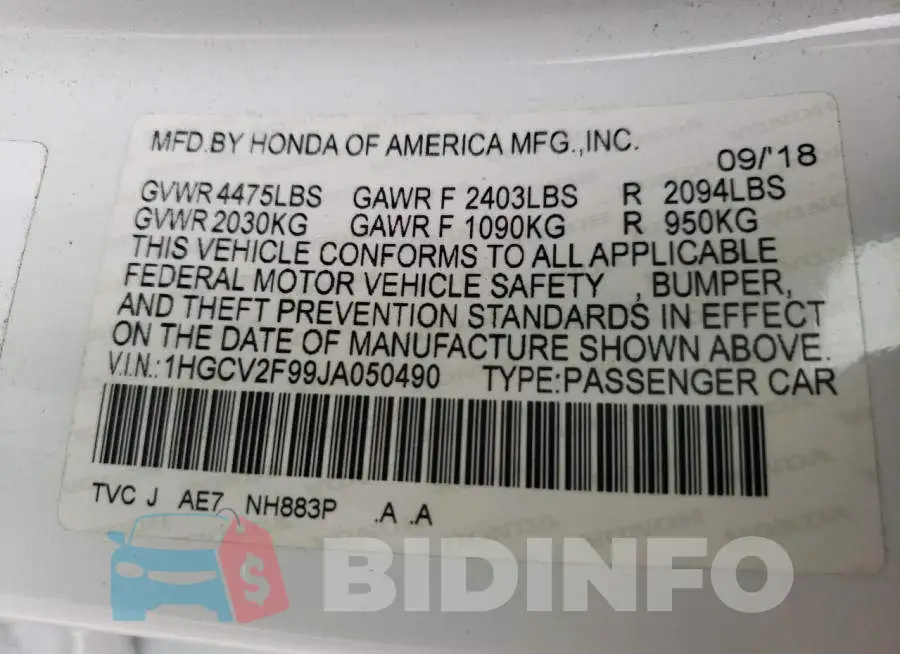 1HGCV2F99JA050490 Photo# 10