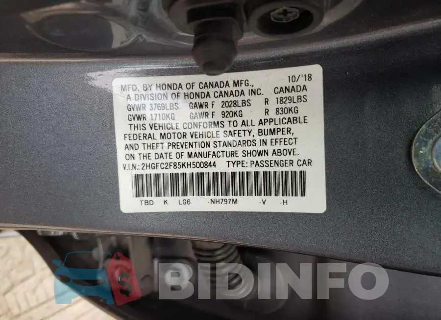 2HGFC2F85KH500844 Photo# 10