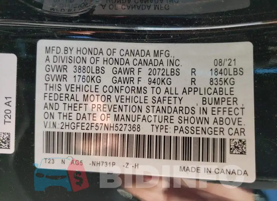 2HGFE2F57NH527368 Photo# 10