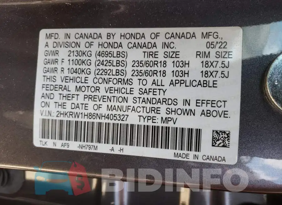 2HKRW1H86NH405327 Photo# 10