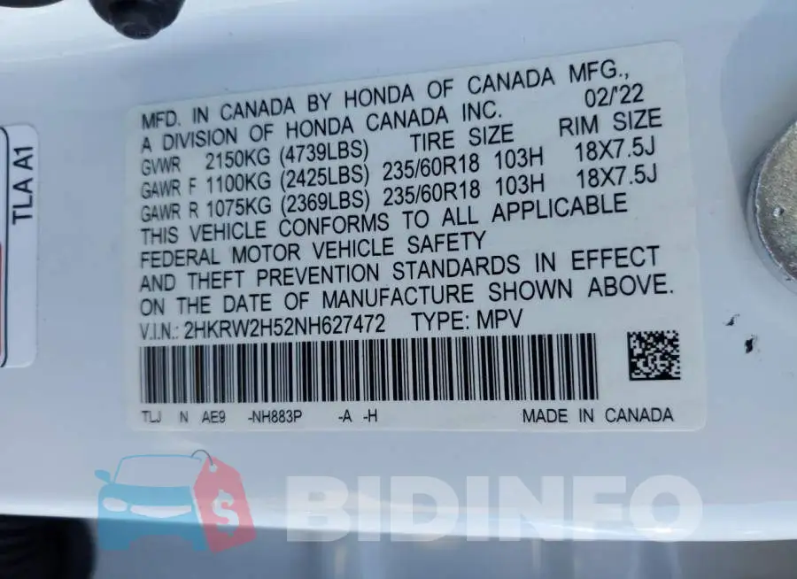 2HKRW2H52NH627472 Photo# 10