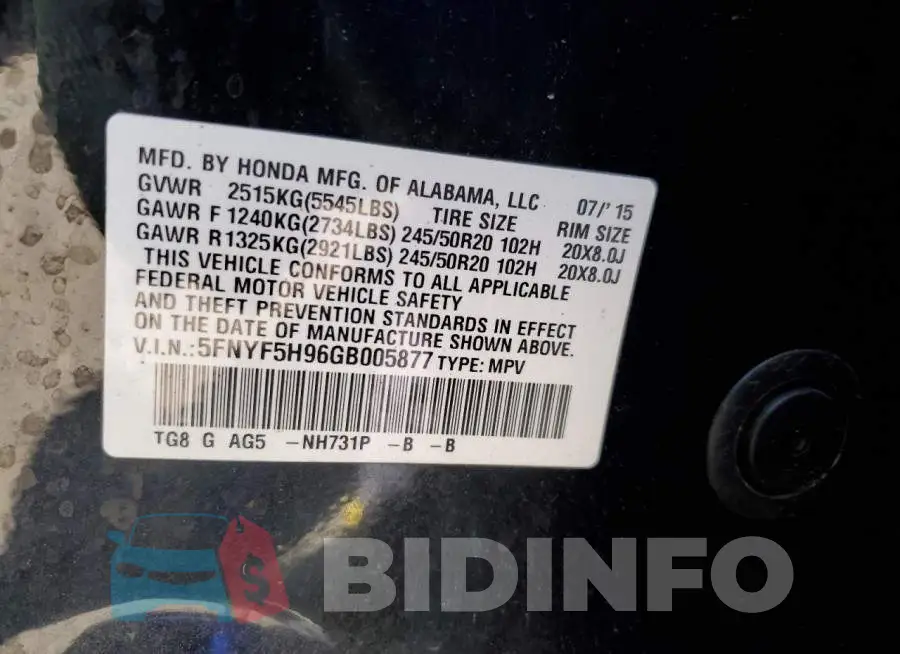 5FNYF5H96GB005877 Photo# 10