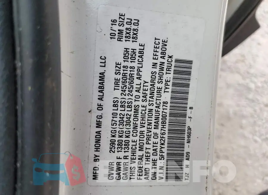 5FPYK2F67HB007178 Photo# 10