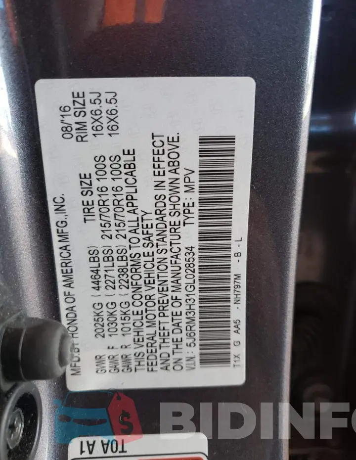 5J6RM3H31GL028534 Photo# 10
