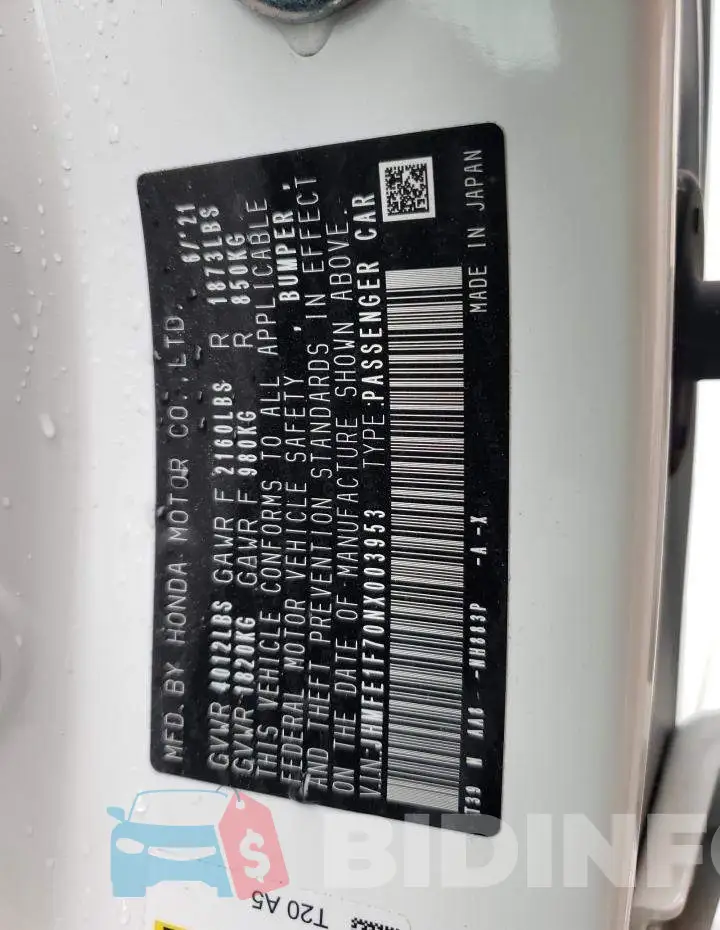 JHMFE1F70NX003953 Photo# 10