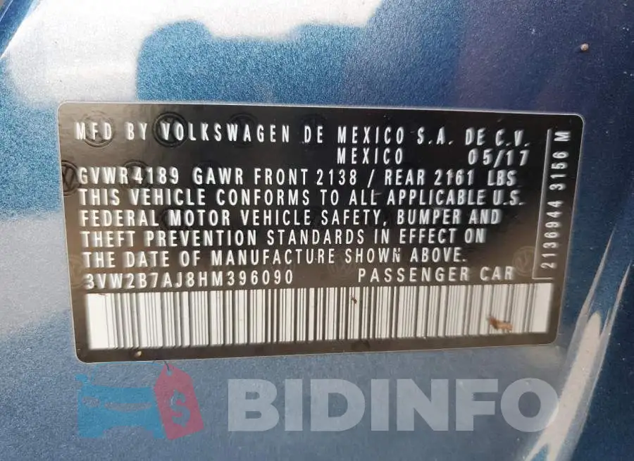 3VW2B7AJ8HM396090 Photo# 10