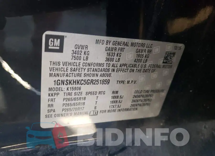 1GNSKHKC5GR251859 Photo# 10