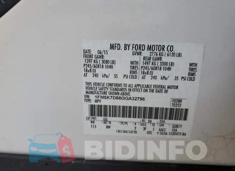 1FM5K7D88GGA32796 Photo# 10