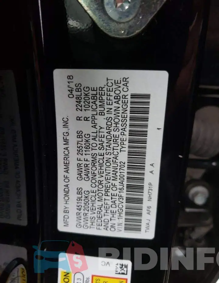 1HGCV3F16JA001702 Photo# 10