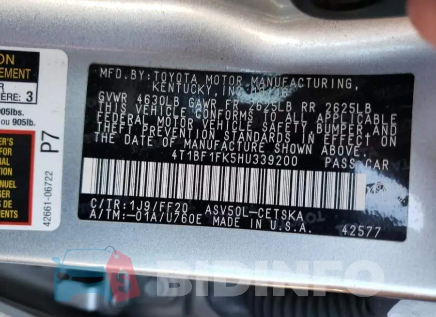 4T1BF1FK5HU339200 Photo# 10
