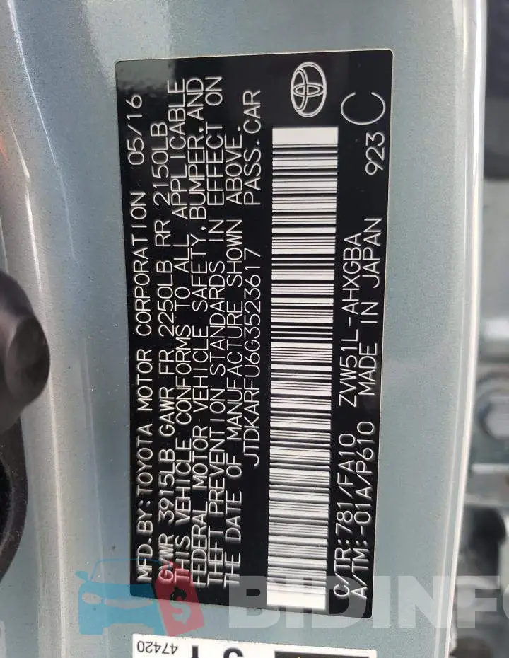 JTDKARFU6G3523617 Photo# 10