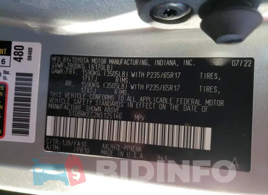 5TDBRKEC2NS125146 Photo# 10