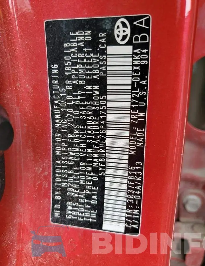 5YFBURHE7GP417505 Photo# 10