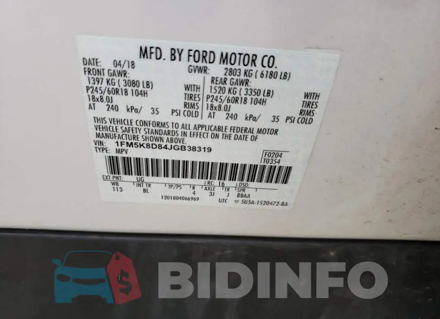1FM5K8D84JGB38319 Photo# 10