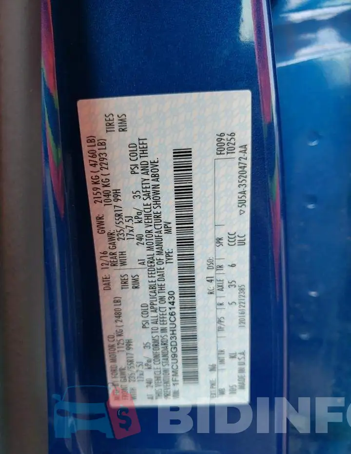 1FMCU9GD3HUC61430 Photo# 10