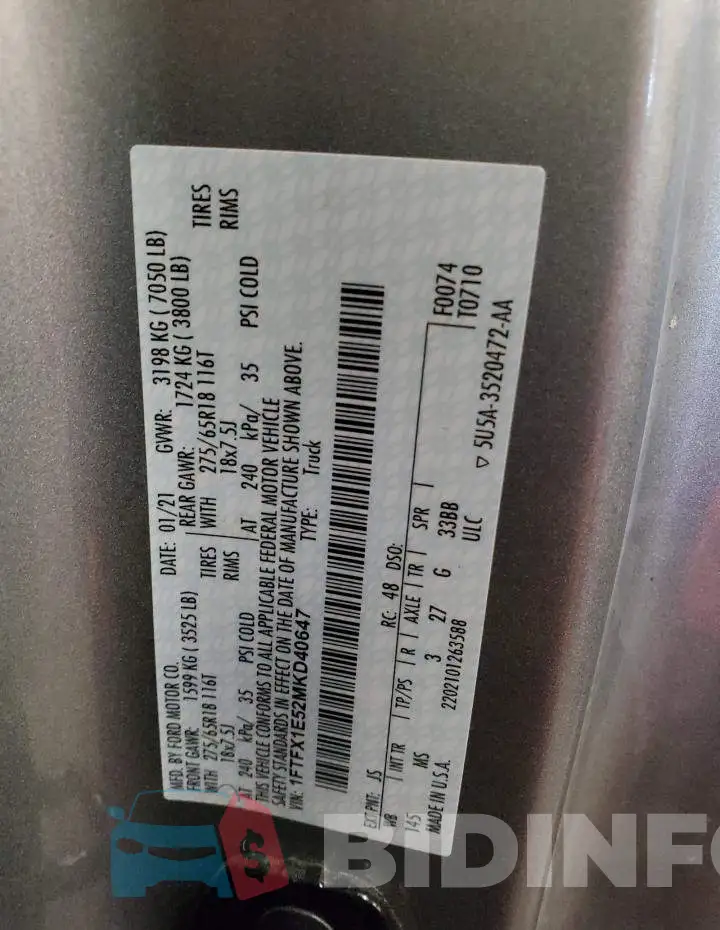 1FTFX1E52MKD40647 Photo# 10
