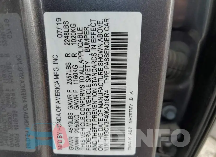 1HGCV3F40KA018474 Photo# 10