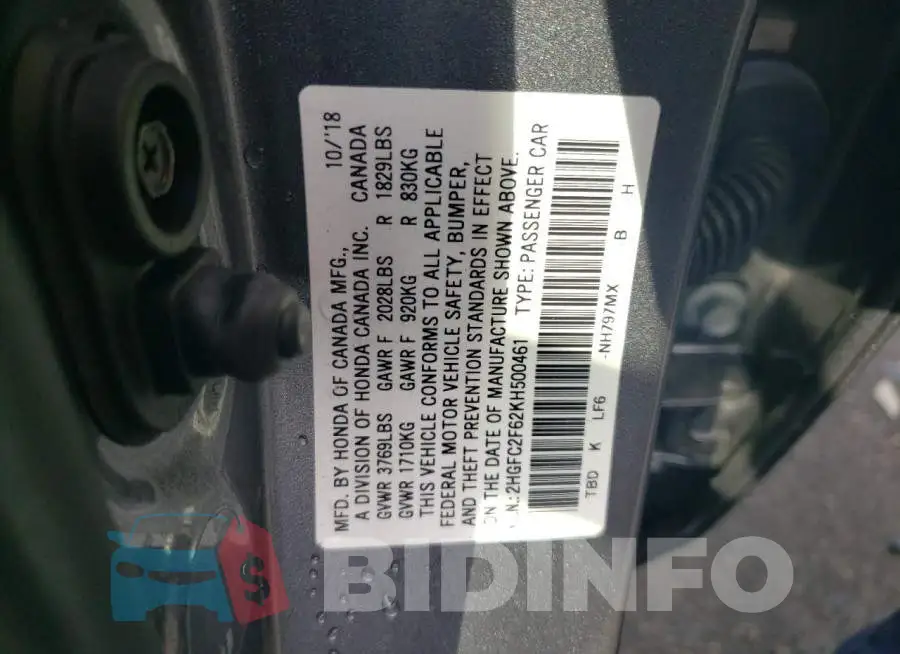 2HGFC2F62KH500461 Photo# 10