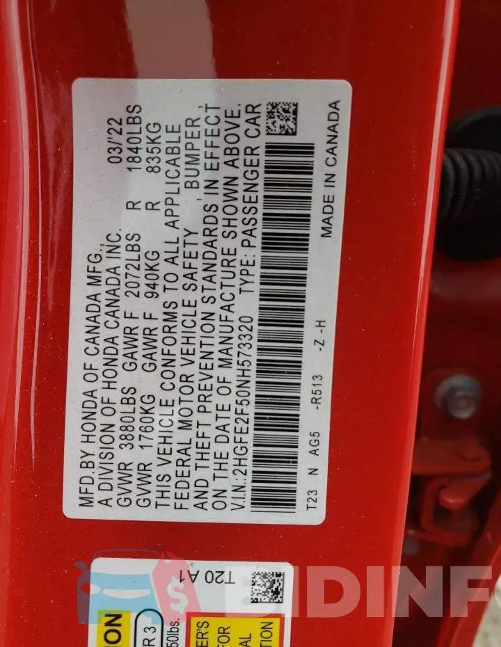 2HGFE2F50NH573320 Photo# 10