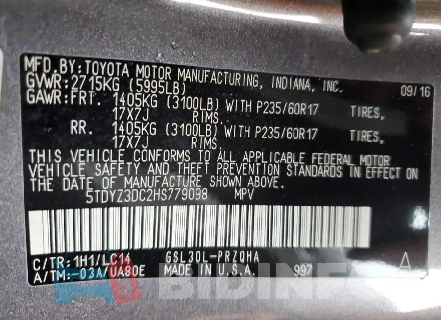 5TDYZ3DC2HS779098 Photo# 10