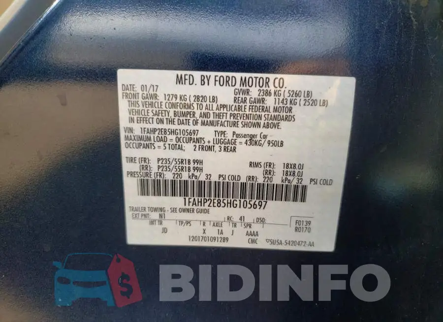 1FAHP2E85HG105697 Photo# 10