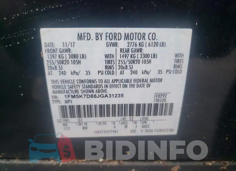 1FM5K7D88JGA31235 Photo# 10