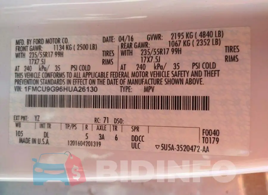 1FMCU9G96HUA26130 Photo# 10