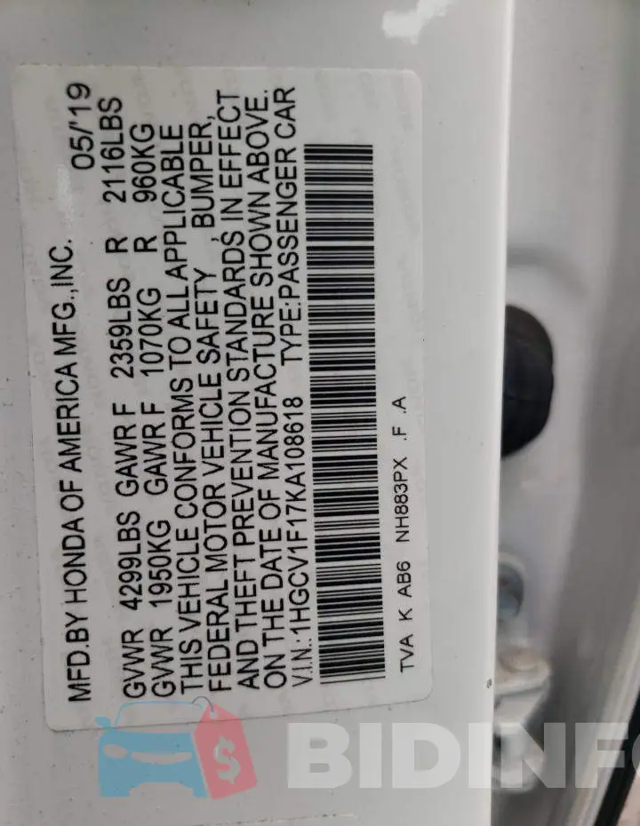 1HGCV1F17KA108618 Photo# 10