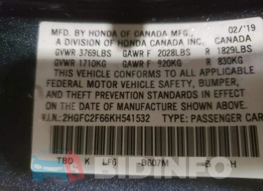 2HGFC2F66KH541532 Photo# 10