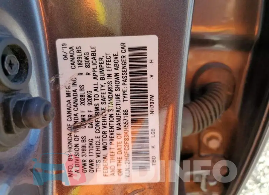 2HGFC2F83KH557186 Photo# 10