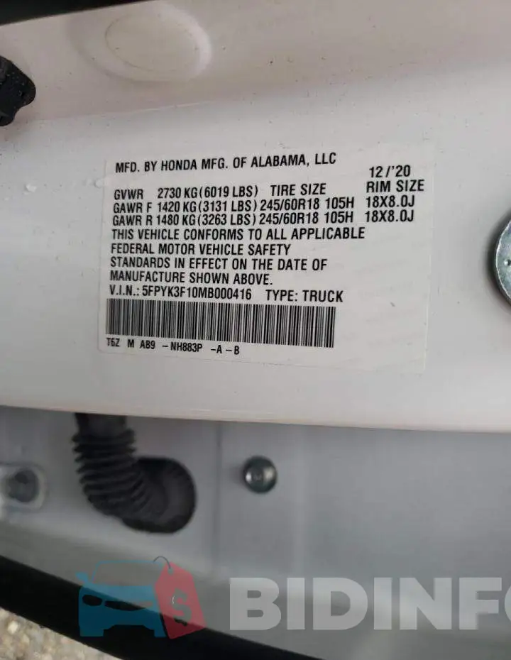 5FPYK3F10MB000416 Photo# 10