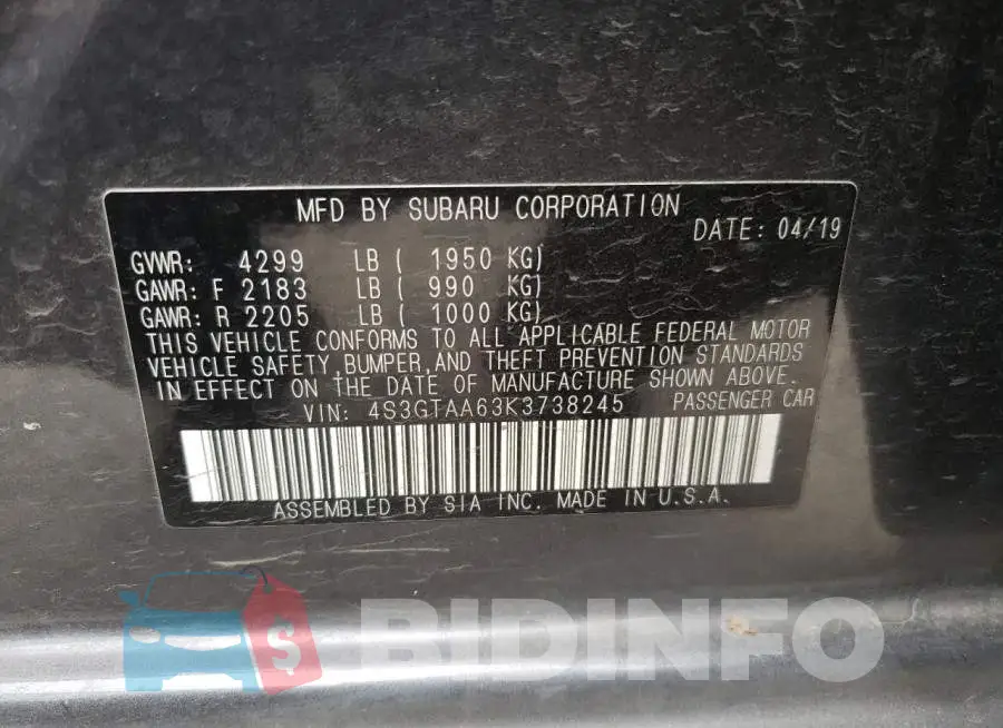 4S3GTAA63K3738245 Photo# 10