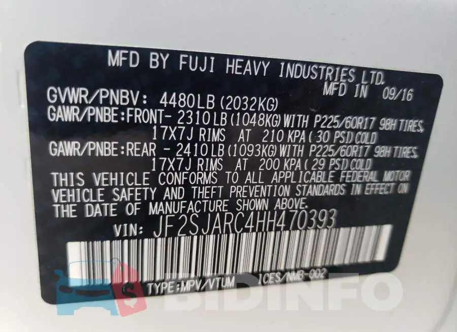 JF2SJARC4HH470393 Photo# 10